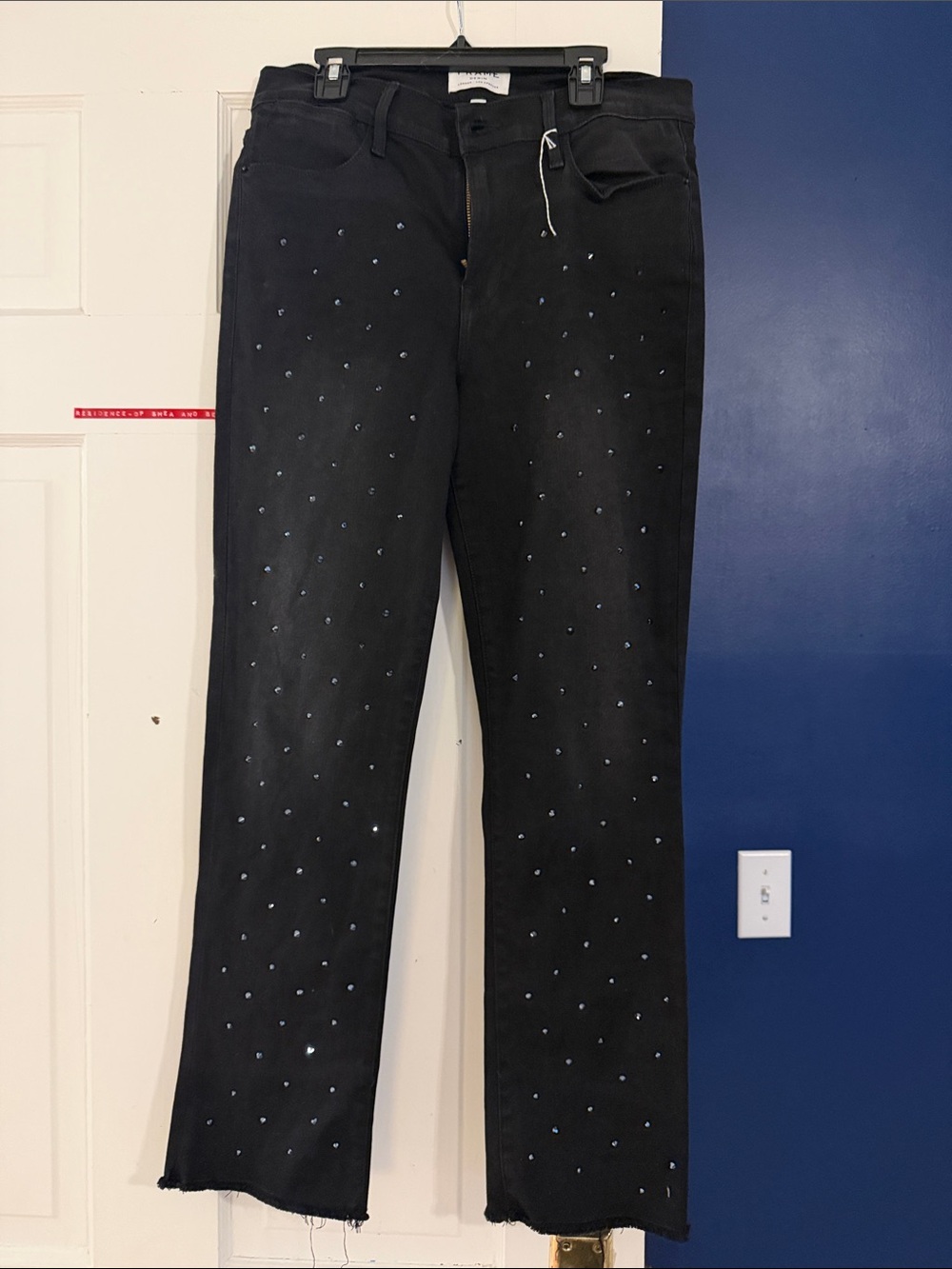 Frame Denim Black Straight-Leg Jeans with Crystal Studs